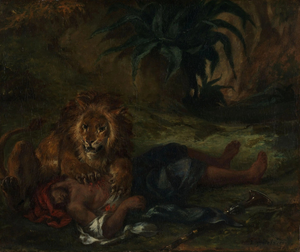 Lion dévorant un arabe - Eugène Delacroix image 2 copie peinte à la main à l’huile