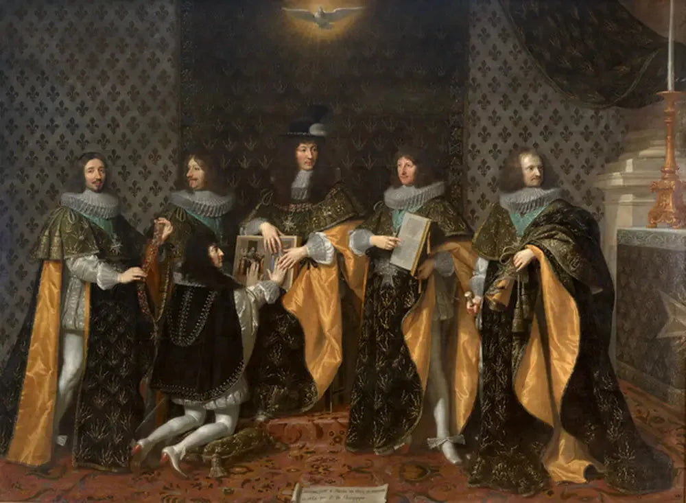 Louis XIV au lendemain de son sacré, reçoit le serment de son frère Monsieur, duc d'Anjou, comme chevalier de l'Ordre du Saint-Esprit à Reims, le 8 juin 1654 - Philippe de Champaigne image 1 reproduction de peinture à l’huile