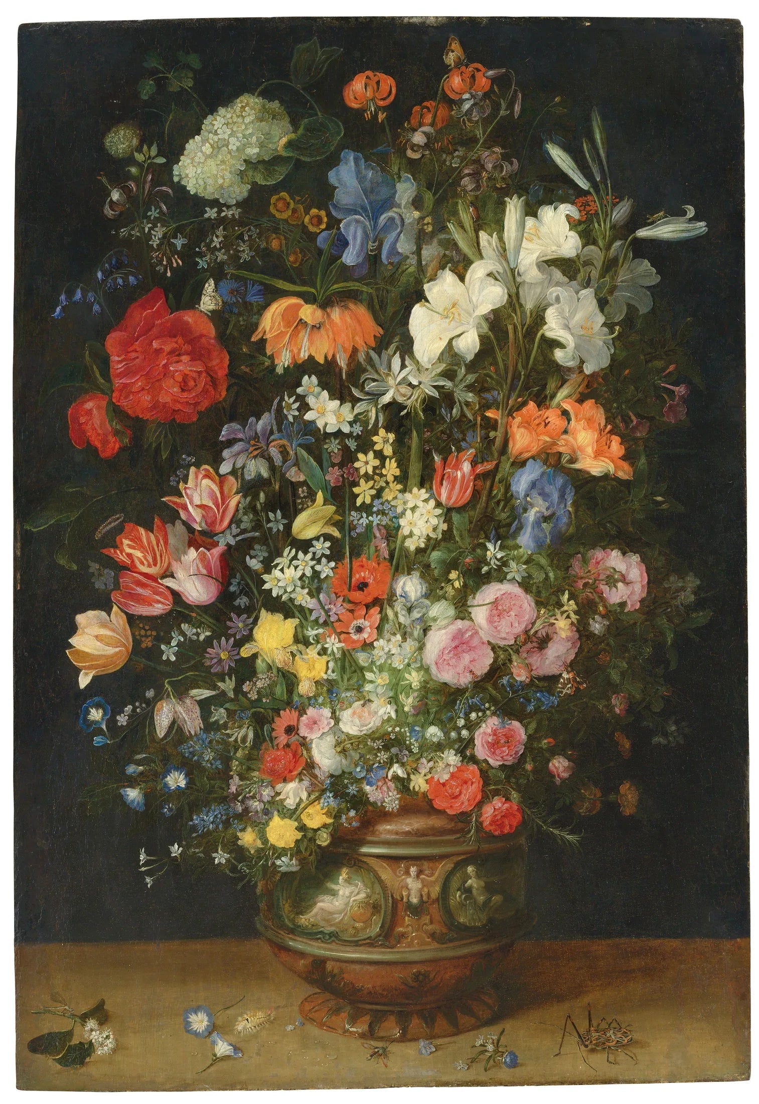 Lys, tulipes, roses et autres fleurs dans un vase ornemental sur un rebord, avec des papillons et des coléoptères. - Jan Brueghel l'Ancien image 1 copie de tableau peinte à la main