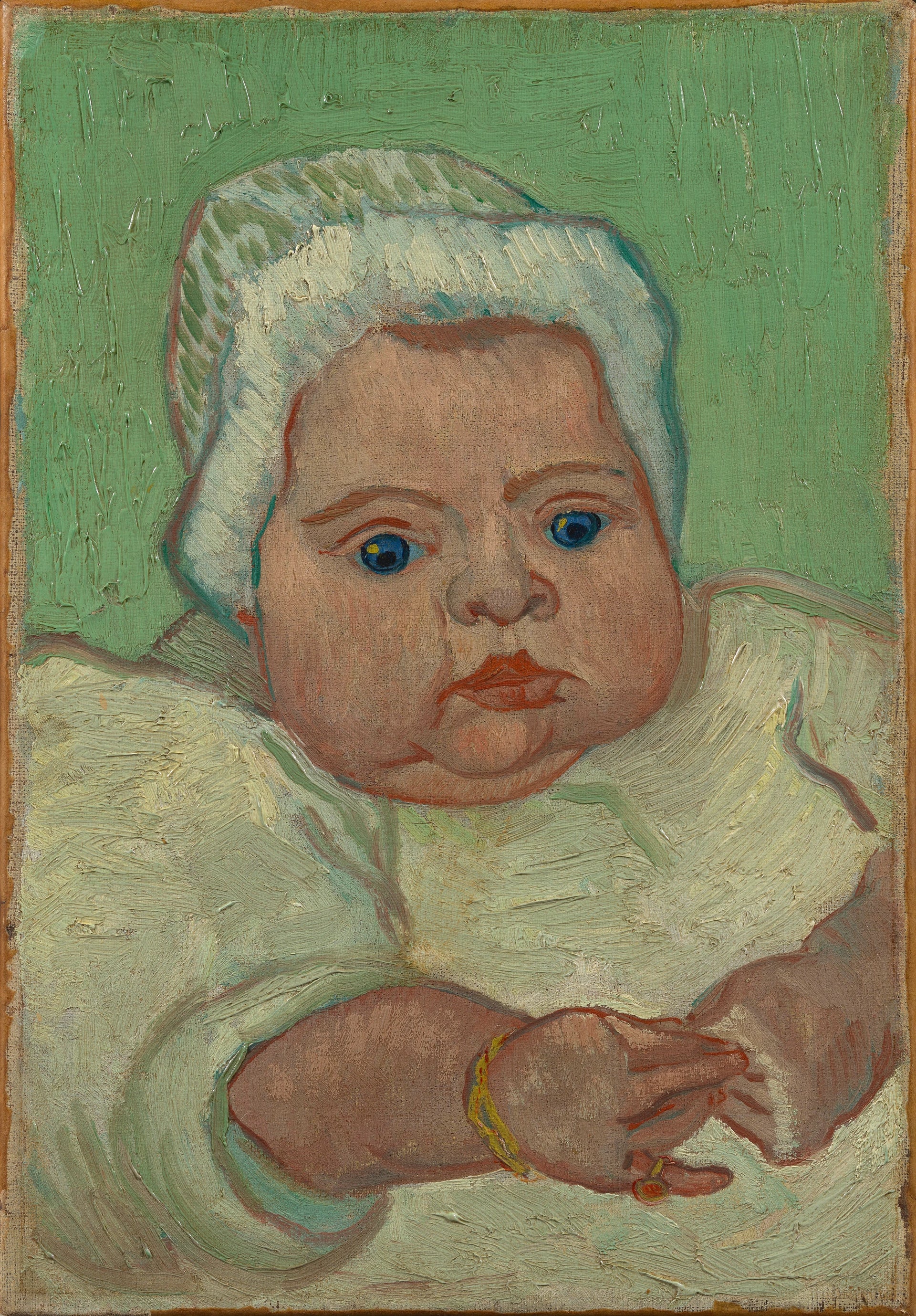 Portrait de Marcelle Roulin F441 — bébé en bonnet et robe blancs peint par Vincent van Gogh à Arles