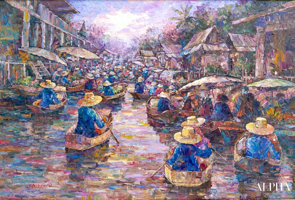 Marché flottant - Athicha | 145 x 105 cm Reproductions de tableaux à la peinture à l’huile