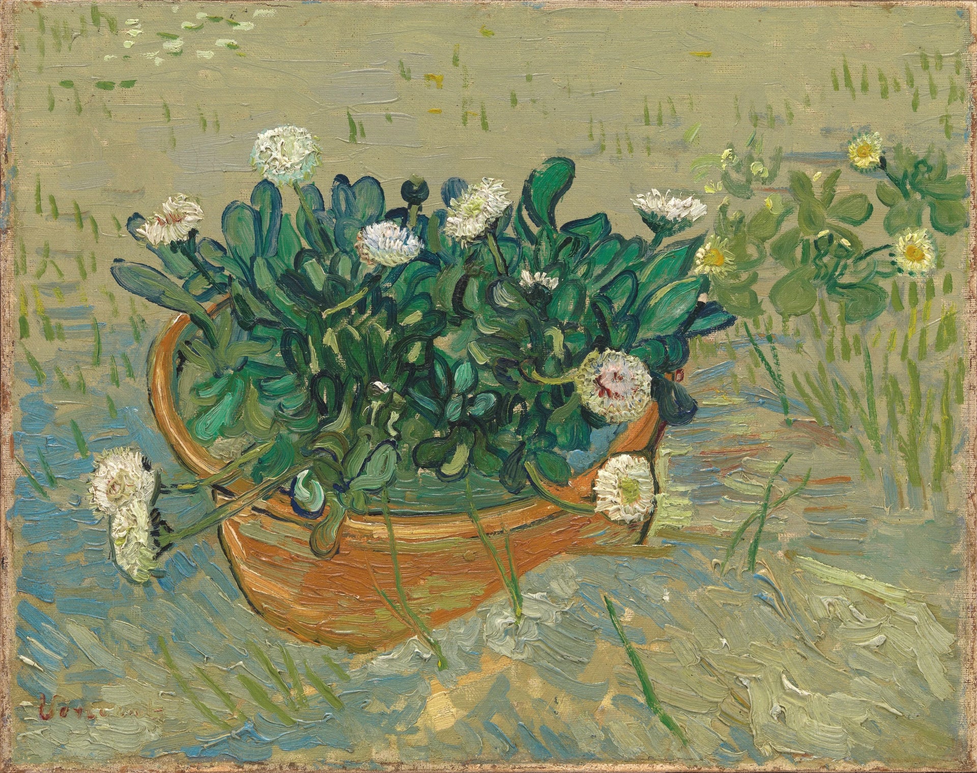 Marguerites, Arles, F591 — bol de fleurs blanches sur une table bleu vert peint par Vincent van Gogh