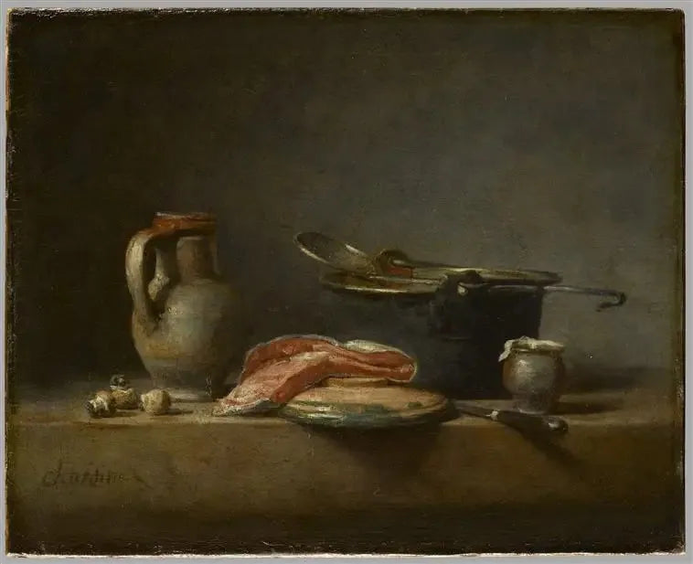 Marmite de cuivre, écumoire, cruche et tranche de saumon - Jean Siméon Chardin image 1 copie de tableau peinte à la main