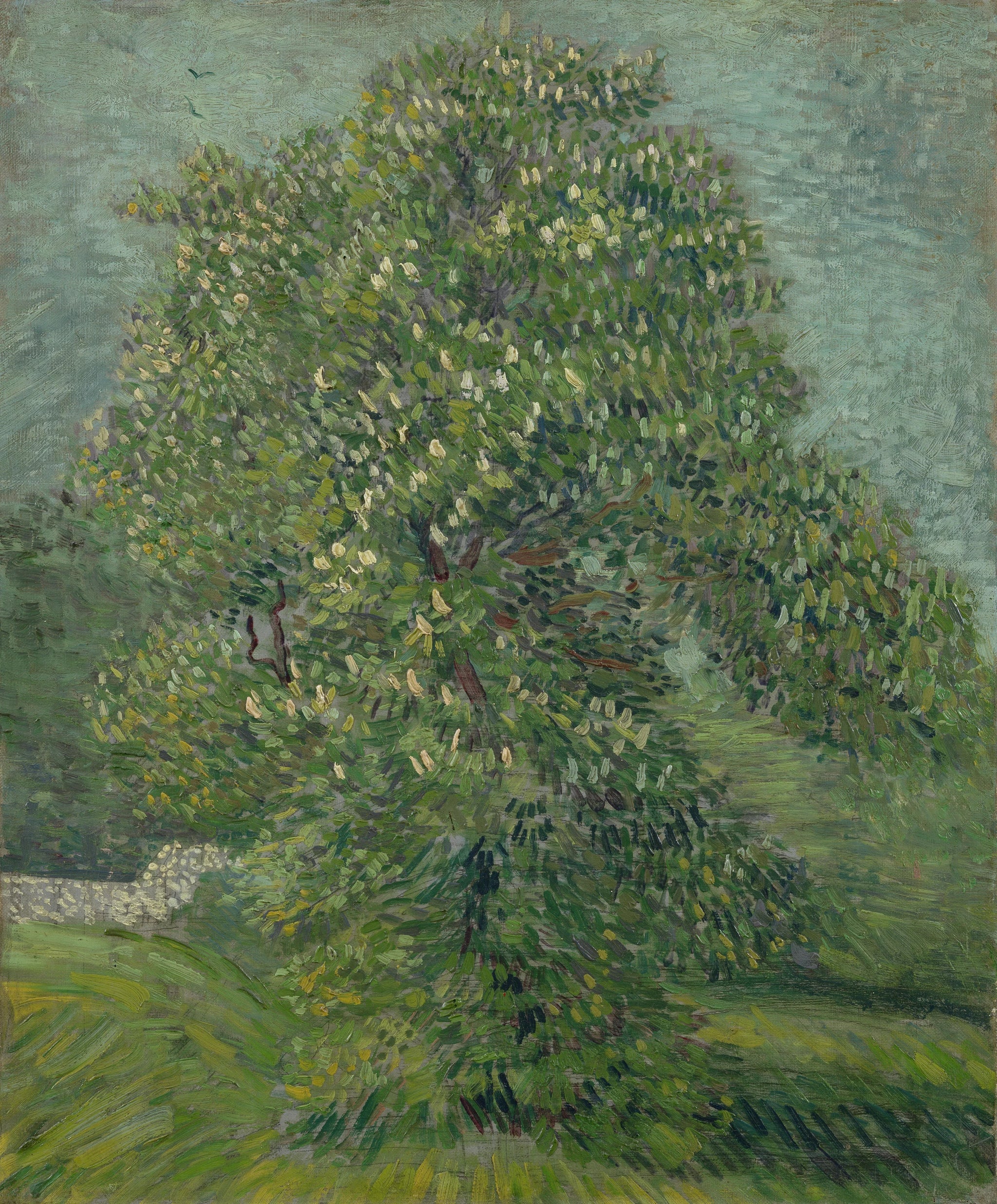 Marronnier d’Inde en fleurs, F270a — grand arbre vert couvert de grappes claires peint par Vincent van Gogh
