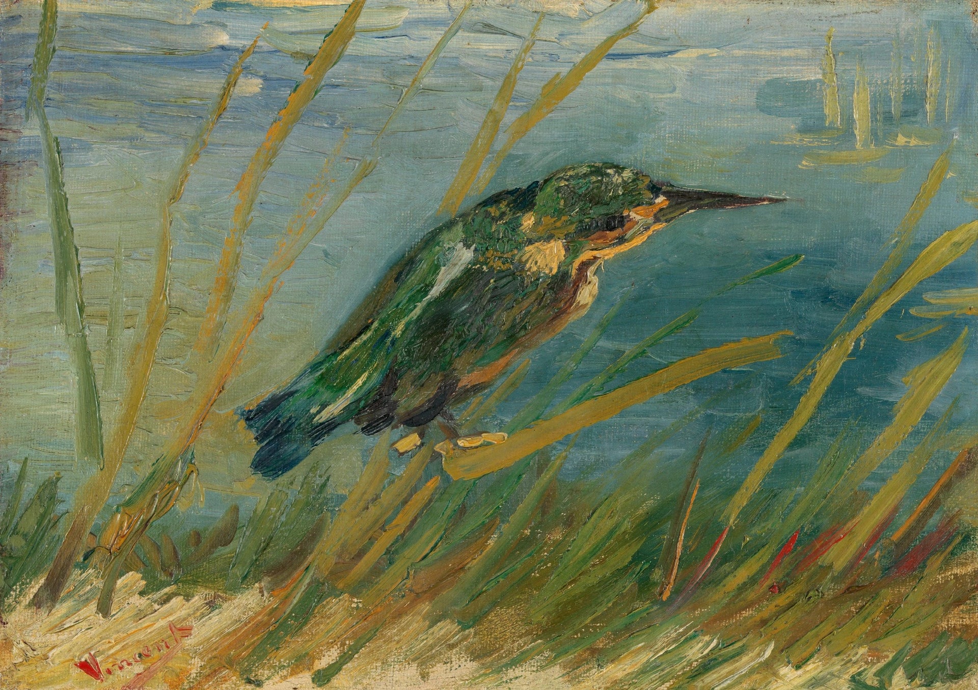 Martin-pêcheur au bord de l’eau, F28 — oiseau bleu posé sur un roseau peint par Vincent van Gogh