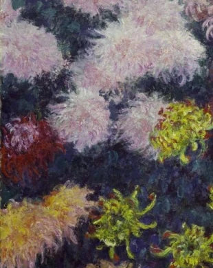 Détail des chrysanthèmes blancs, roses et rouges dans le Massif W1496 de Claude Monet