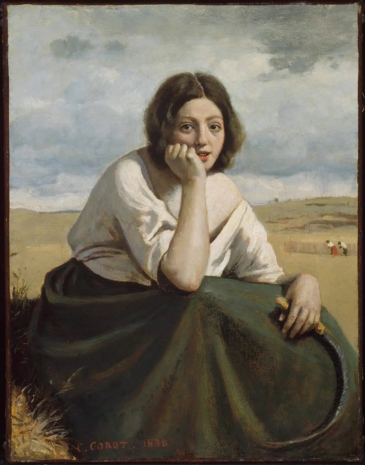 Moissonneuse tenant sa faucille, la tête appuyée sur la main - Jean-Baptiste Camille Corot image 1 tableau peint à l’huile sur toile
