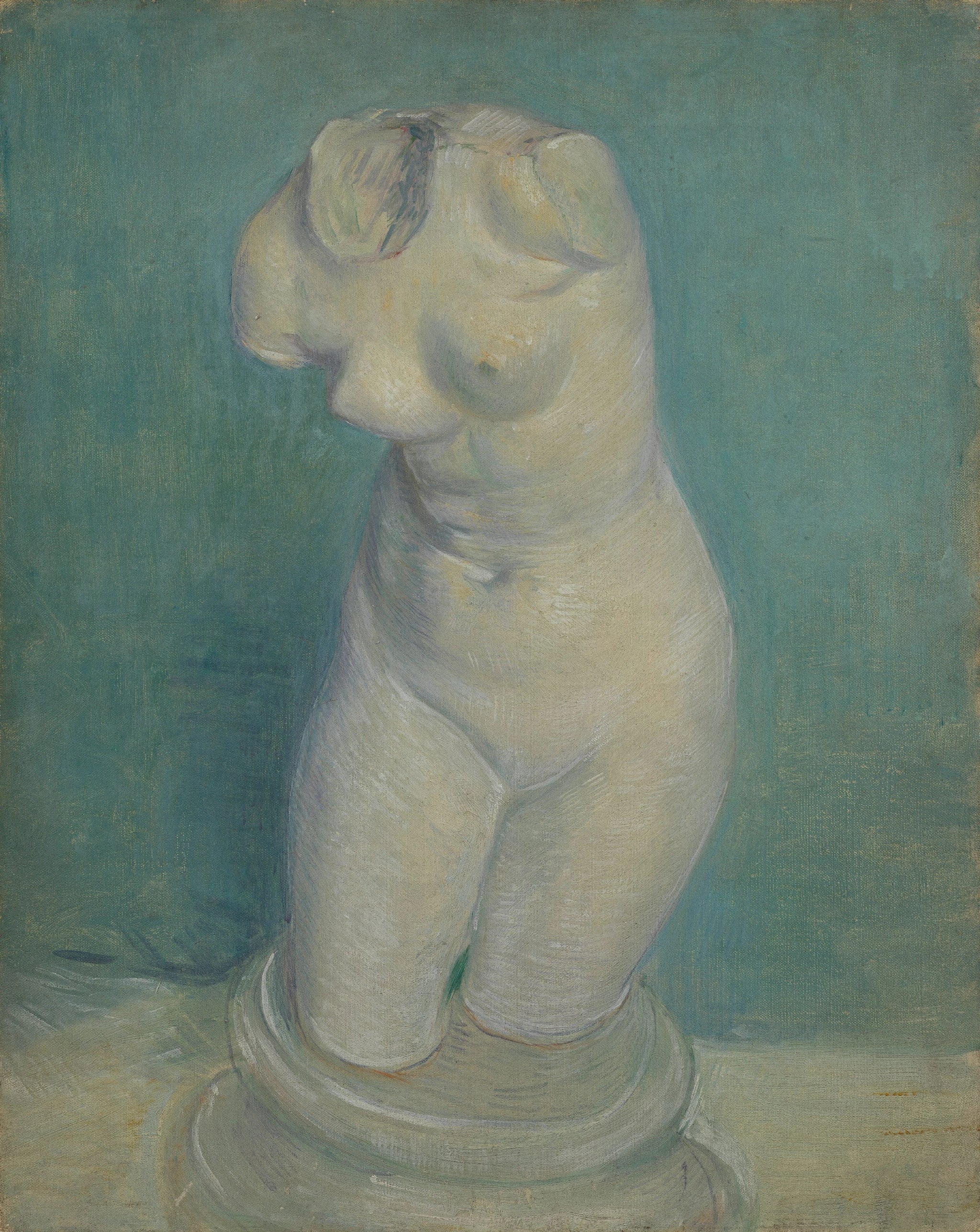 Moulage en plâtre d’un torse de femme, F216h — étude blanche sur fond bleu vert peinte par Vincent van Gogh