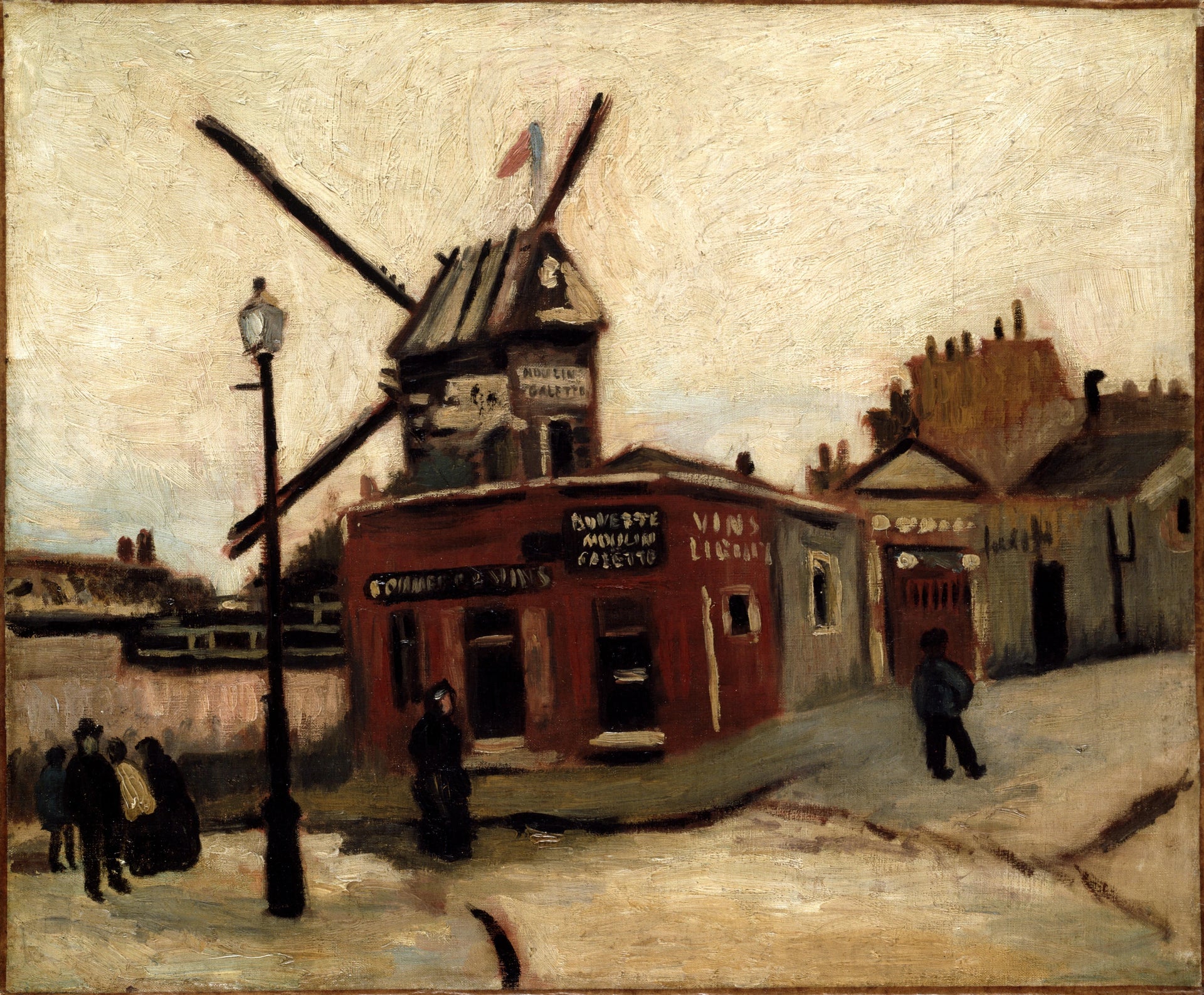 Le Moulin de la Galette F226 — moulin du Radet, cabaret rouge, réverbère et passants peints par Vincent van Gogh