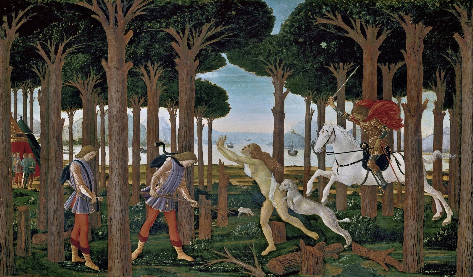 Histoire de Nastagio degli Onesti, premier épisode, Botticelli et atelier, 1483, musée du Prado – reproduction peinture à l’huile sur toile