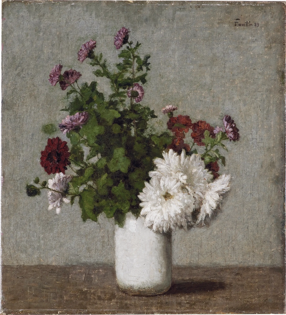 Nature morte aux fleurs : chrysanthèmes d'automne dans un vase blanc - Henri Fantin-Latour image 1 copie peinte à la main à l’huile
