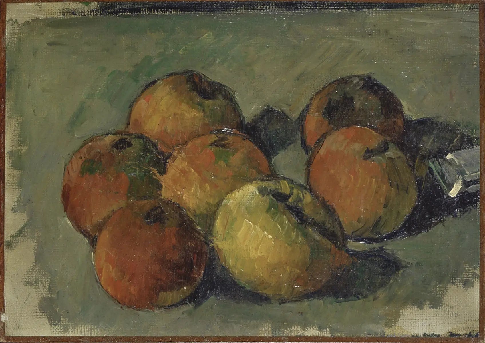 Reproduction du tableau « Nature morte aux sept pommes et tube de couleur - Paul Cézanne » par Alpha Reproduction en peinture à l’huile
