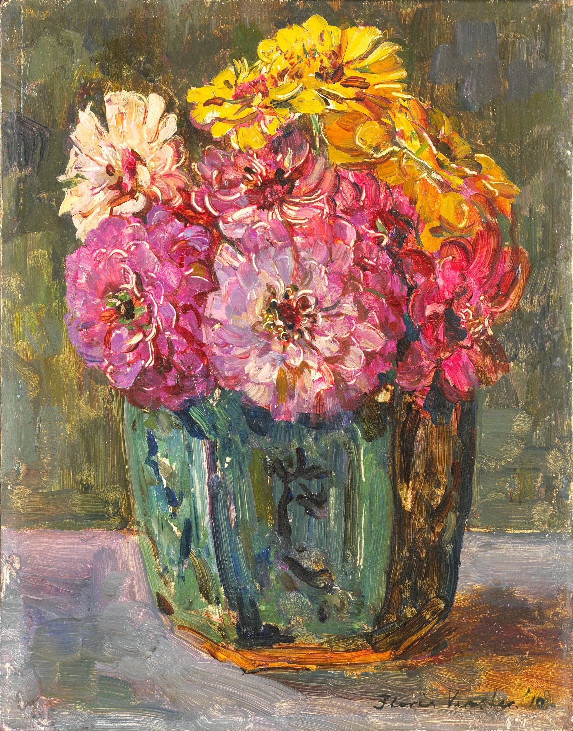Nature morte aux zinnias dans un pot de gingembre - Floris Verster