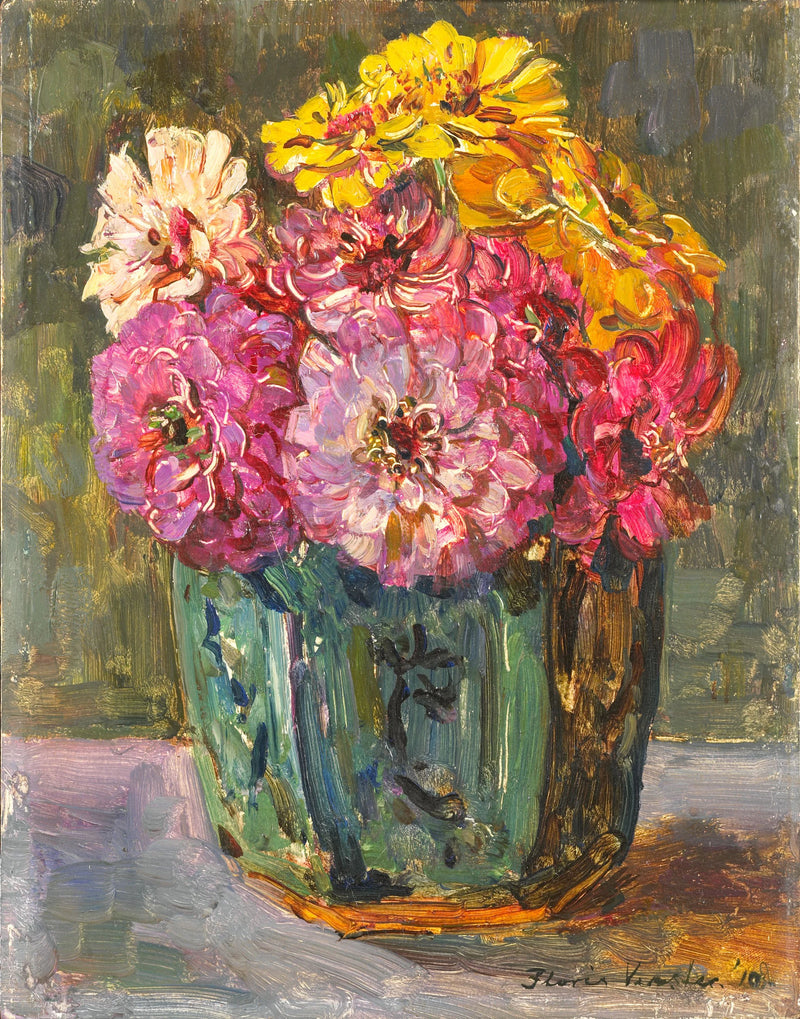Nature morte aux zinnias dans un pot de gingembre - Floris Verster