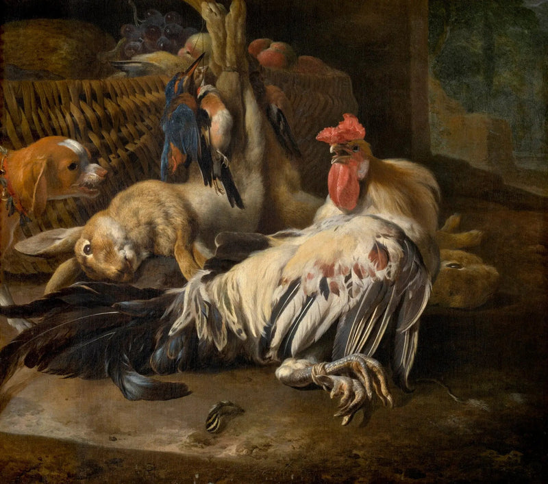 ภาพศิลปะแนวธรรมชาติไร้ชีวิตพร้อมไก่ - Melchior de Hondecoeter