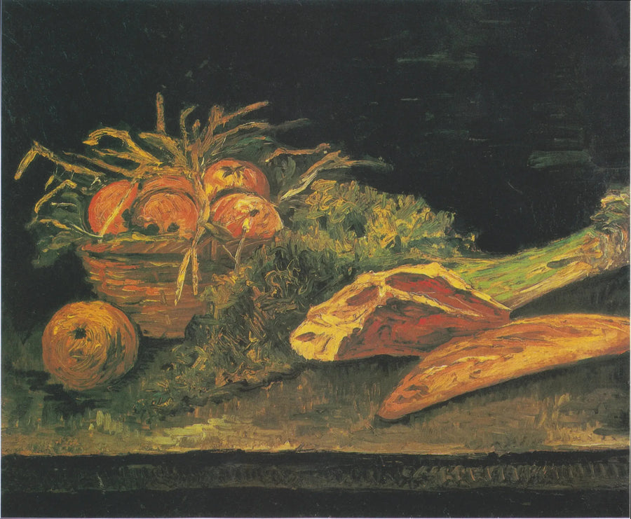 ภาพนิ่งพร้อมตะกร้าผลแอปเปิ้ล เนื้อสัตว์ และขนมปังเล็ก ๆ - Vincent van Gogh