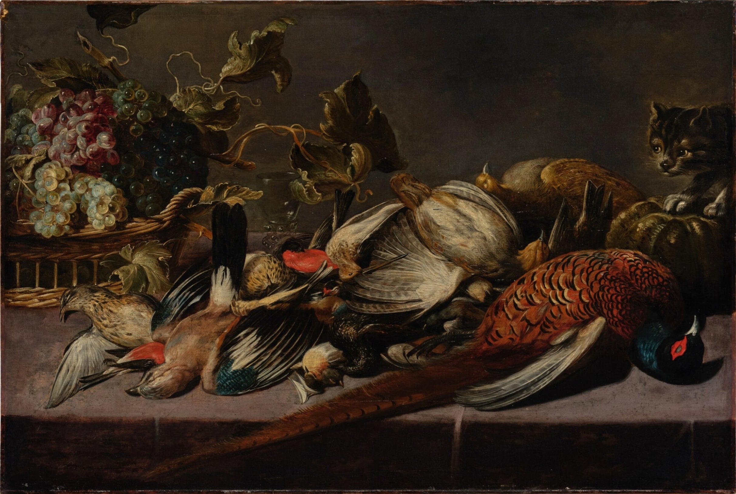 Nature morte avec un panier de raisins, de la volaille et un chat sur une table - Frans Snyders image 1 reproduction réalisée par Alpha Reproduction