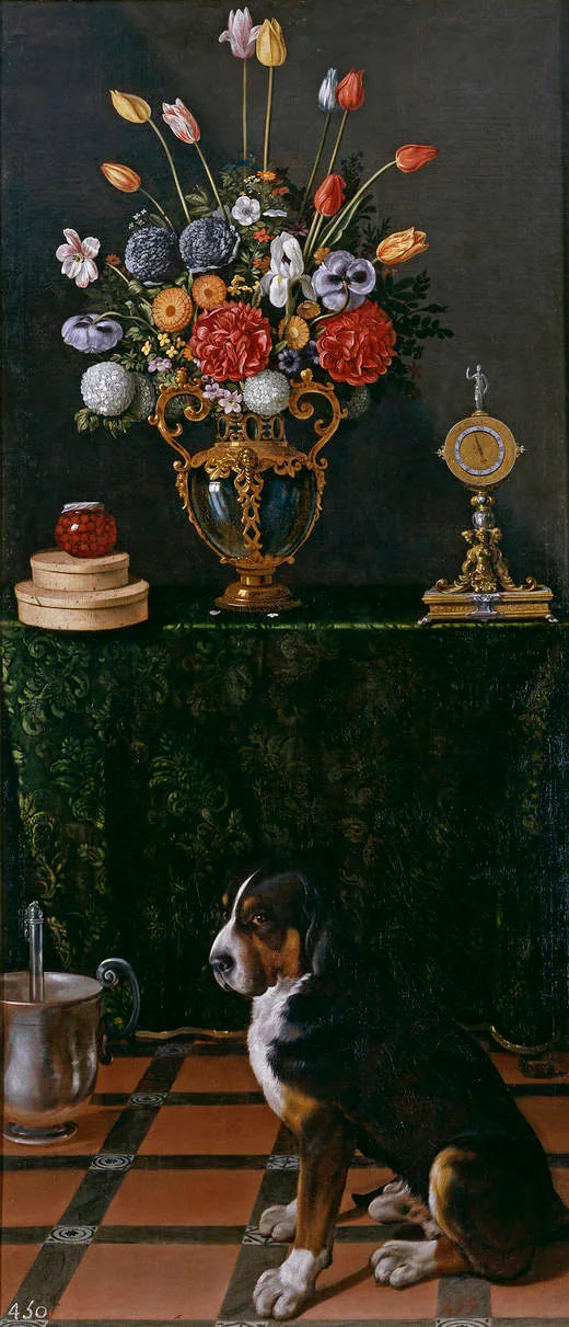 Nature morte avec un vase de fleurs et un chien - Juan van der Hamen image 1 reproduction de peinture à l’huile