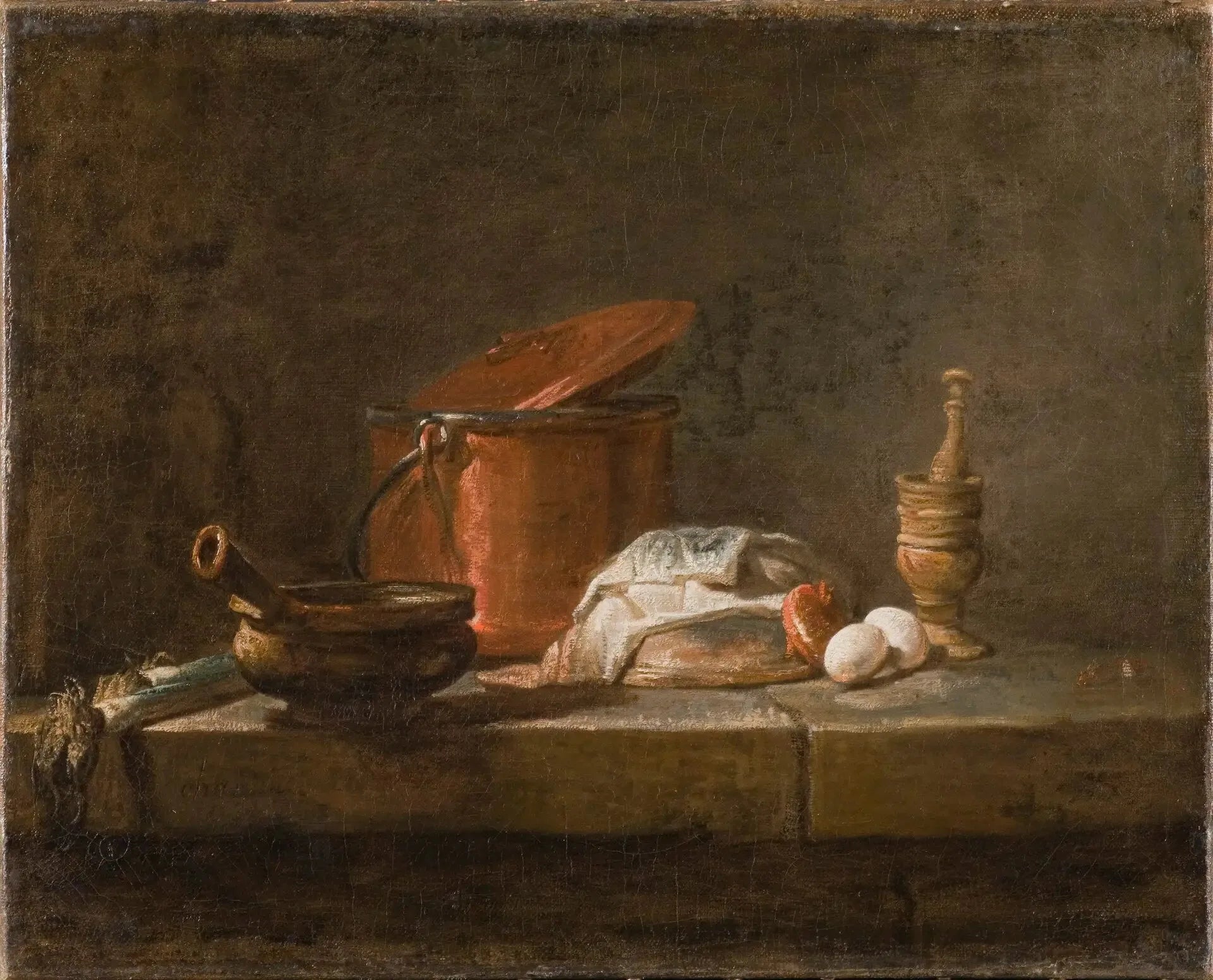 Nature morte avec ustensiles de cuisine et légumes - Jean Siméon Chardin image 1 copie de tableau peinte à la main