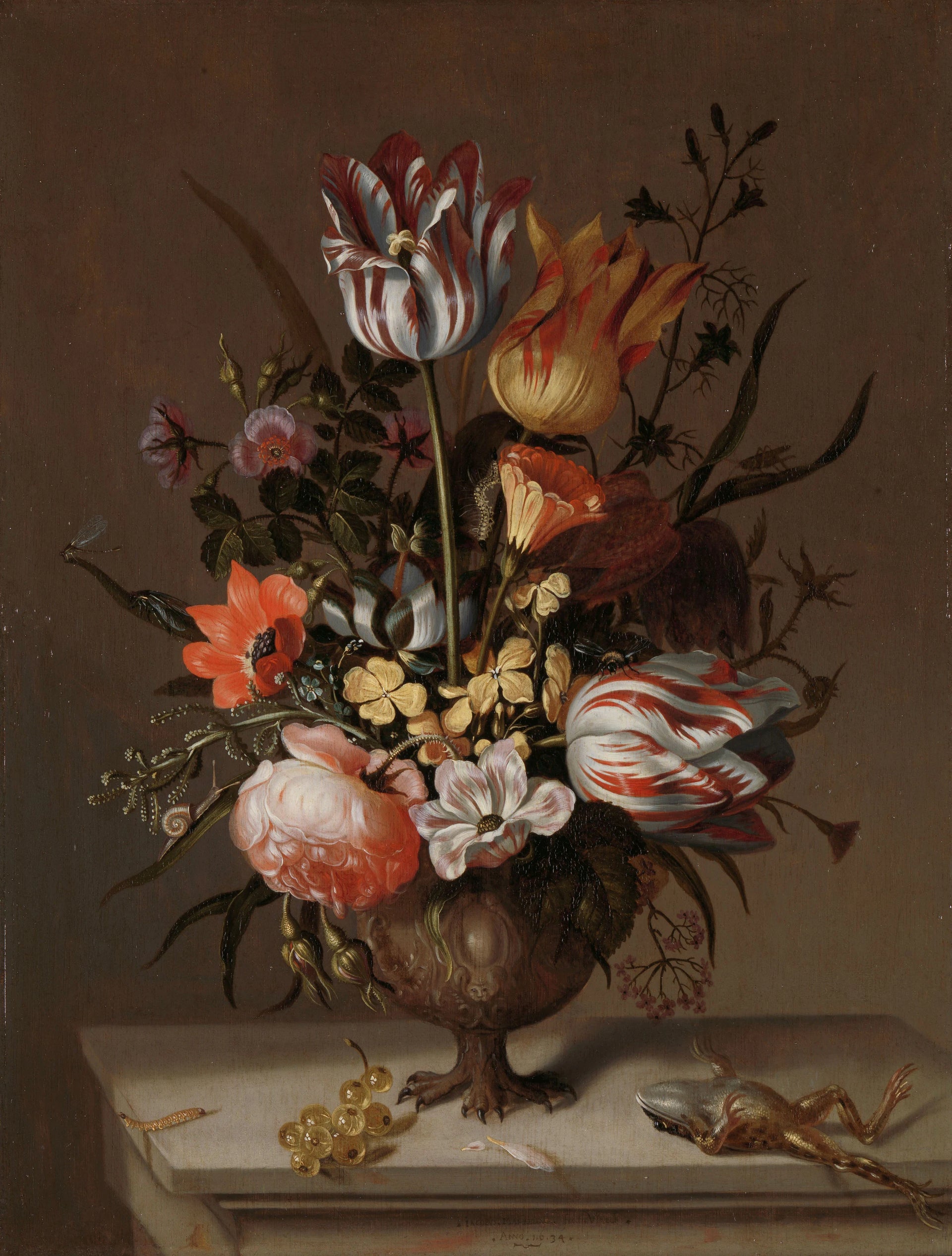 Nature morte avec vase à fleurs et grenouille morte - Jacob Marrel