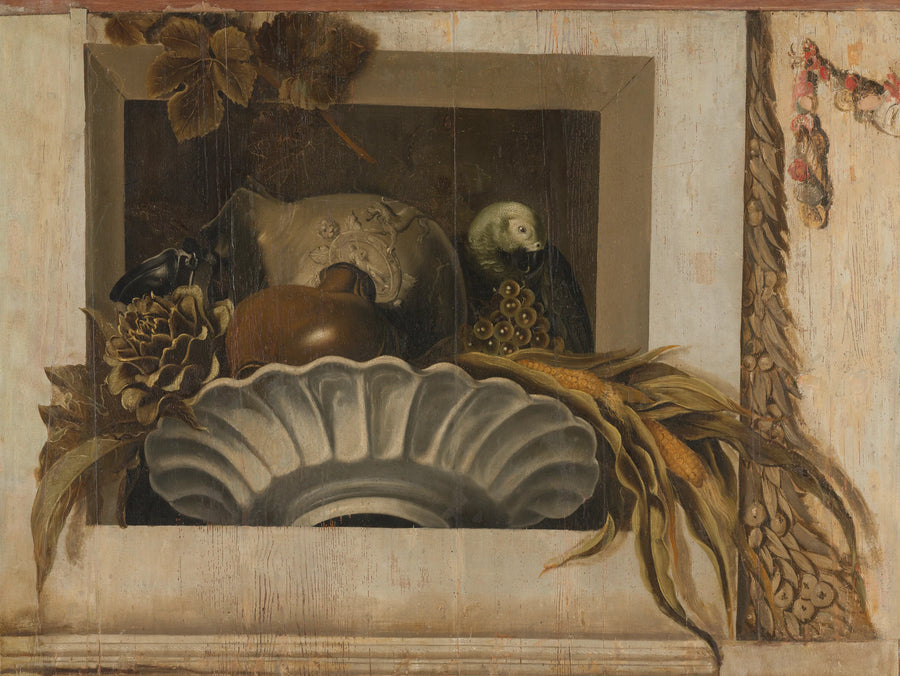 Nature morte un bol avec du maïs, des artichauts, des raisins et un perroquet - Jacob van Campen