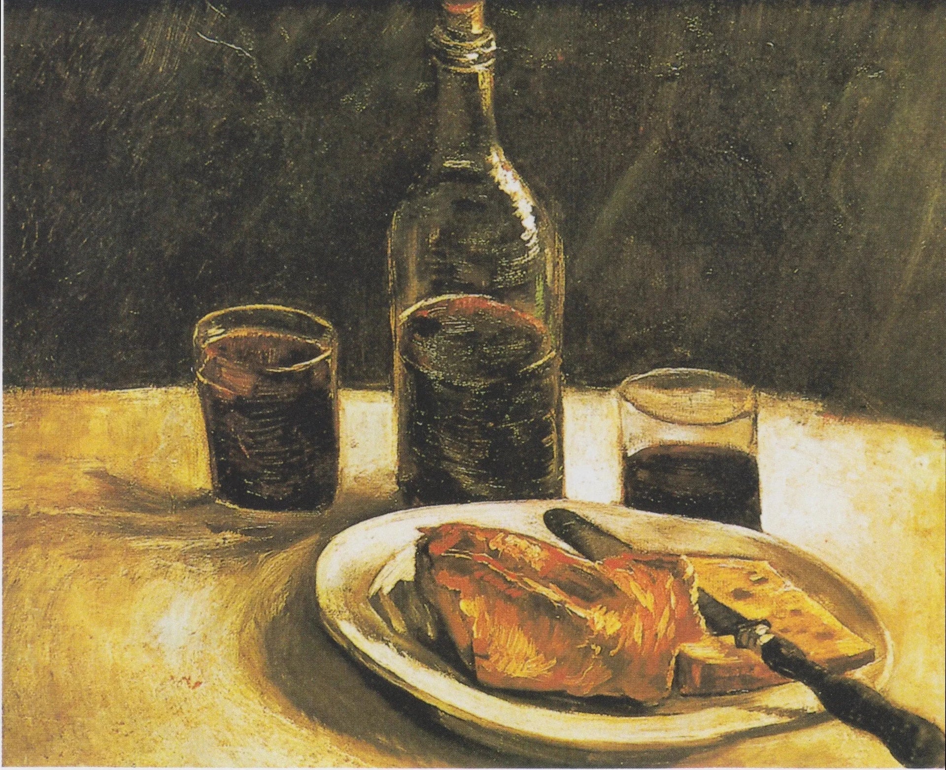 Nature morte à la bouteille, deux verres, pain et fromage — artiste anonyme