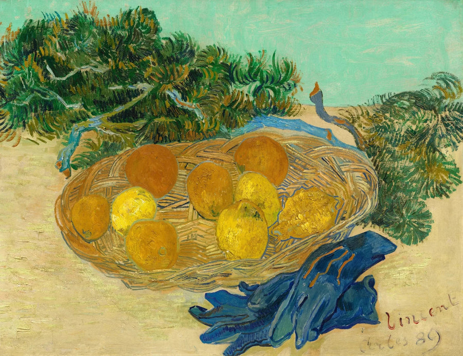 ภาพนิ่งของส้มและมะนาวพร้อมถุงมือสีน้ำเงิน - Vincent van Gogh