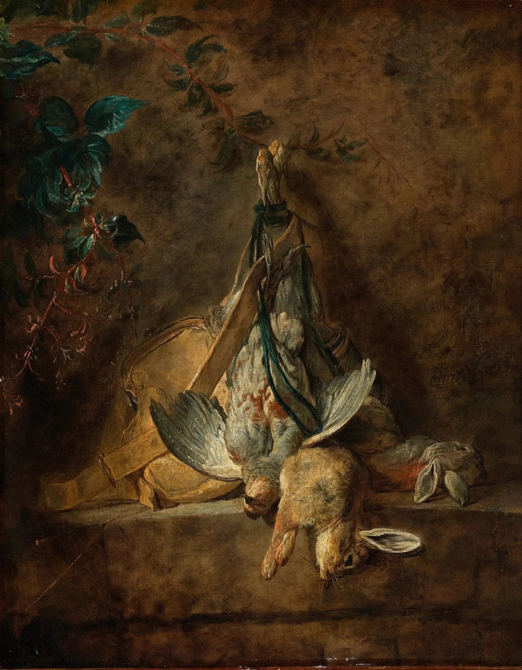 Nature morte : deux lapins, une perdrix grise, une gibecière et une poire à poudre - Jean Siméon Chardin image 1 reproduction de peinture à l’huile