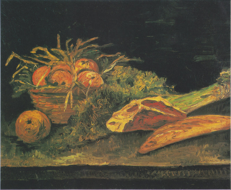 ภาพนิ่งพร้อมตะกร้าผลแอปเปิ้ล เนื้อสัตว์ และขนมปังเล็ก ๆ - Vincent van Gogh