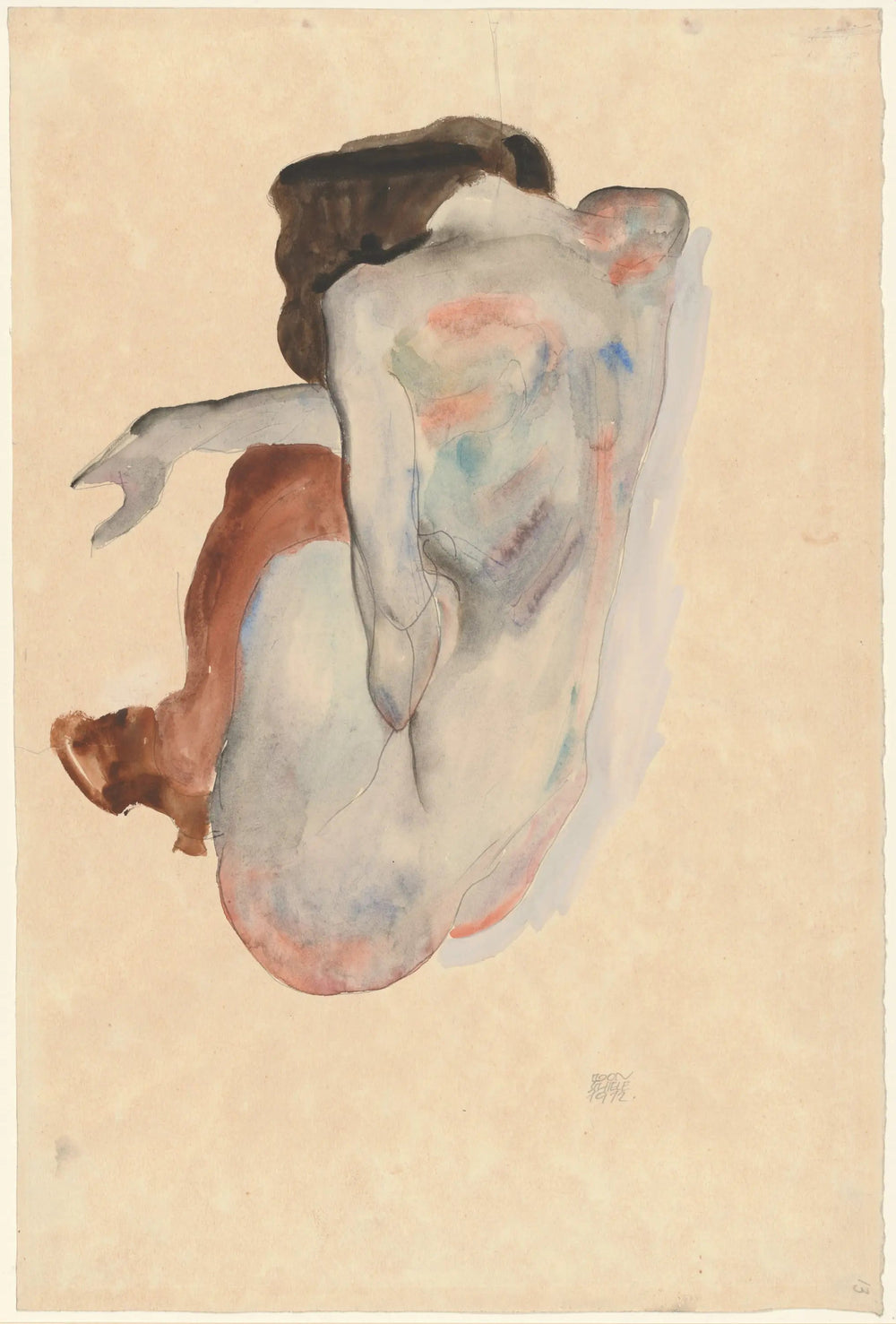 Nu accroupi en chaussures et bas noirs, vue de dos - Egon Schiele image 1 reproduction d’œuvre d’art à l’huile