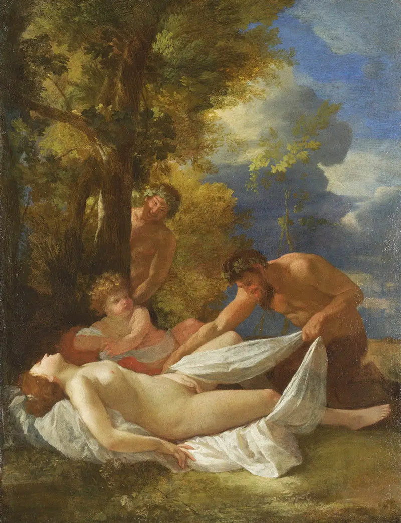 นางเงือกหลับใหลที่ถูกเซอร์ไพรส์โดยซาเทียร์ - Nicolas Poussin
