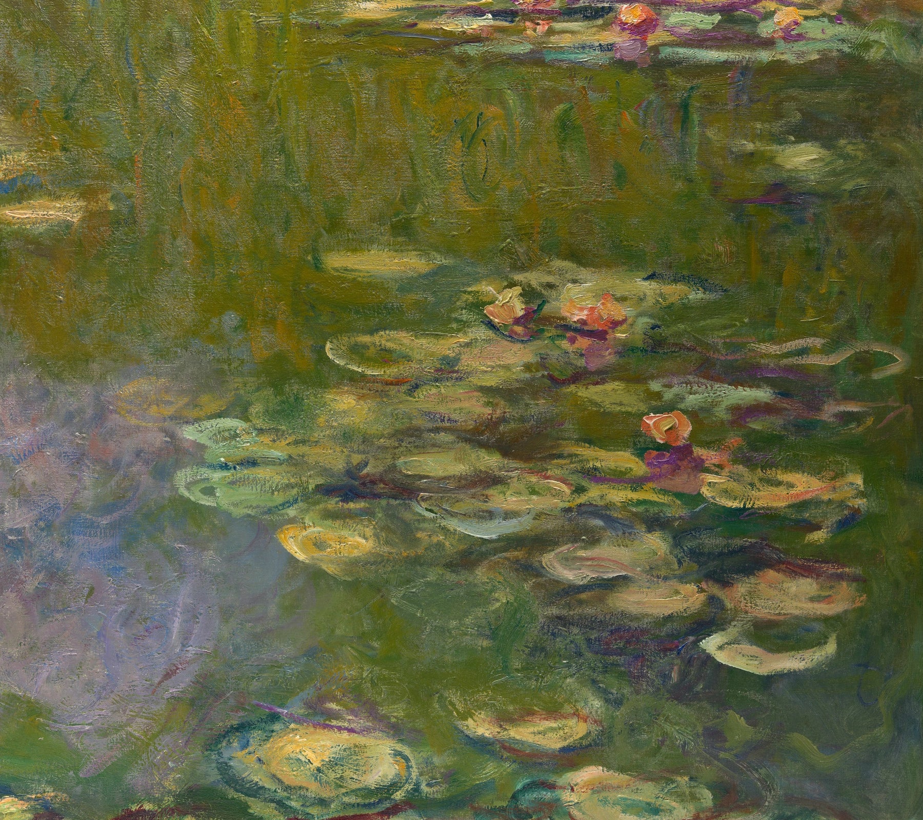 Détail des fleurs et des reflets dans les Nymphéas W1891 de Claude Monet