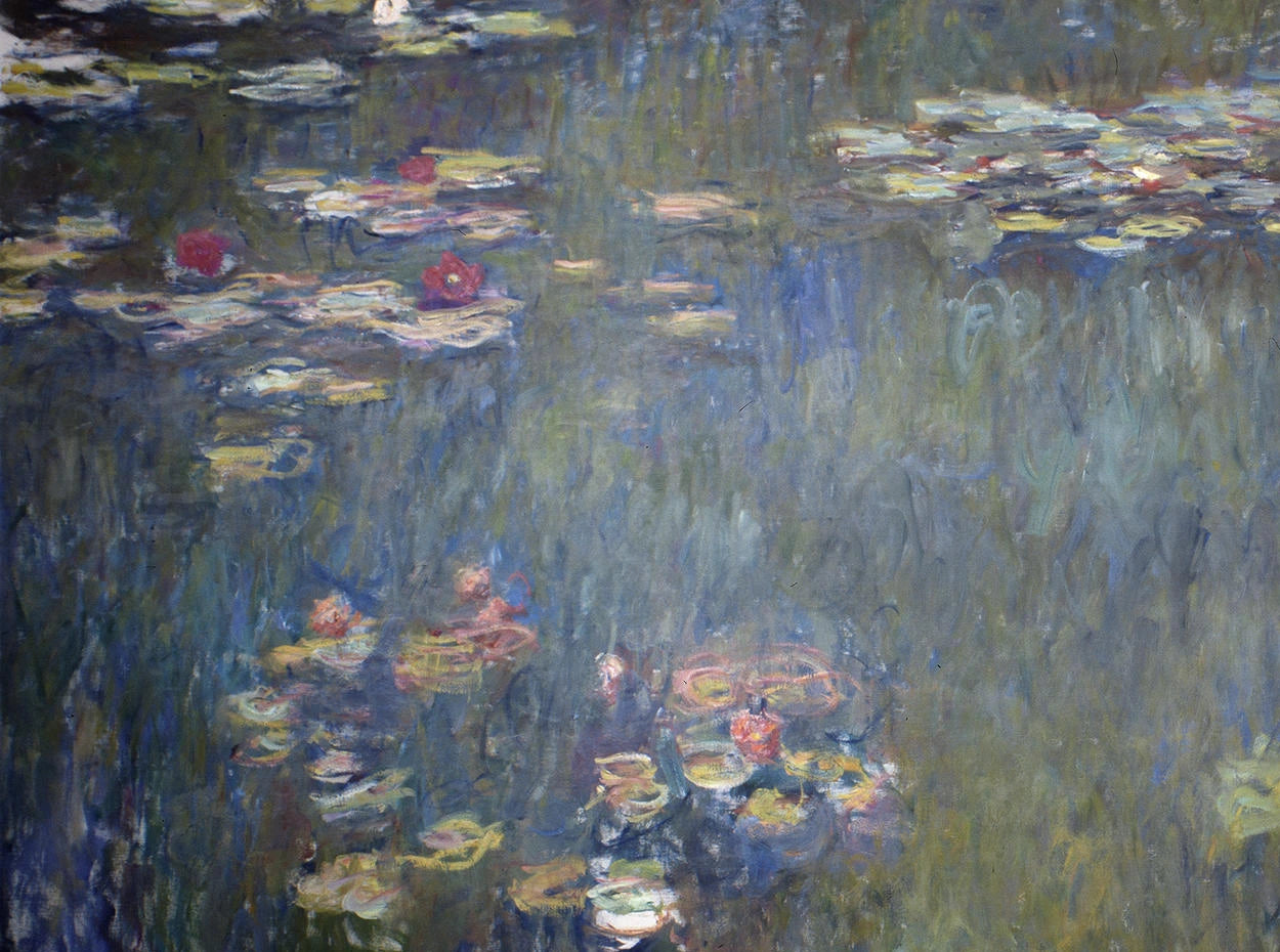 Détail des nymphéas blancs et rouges dans la moitié gauche du grand panneau de Monet