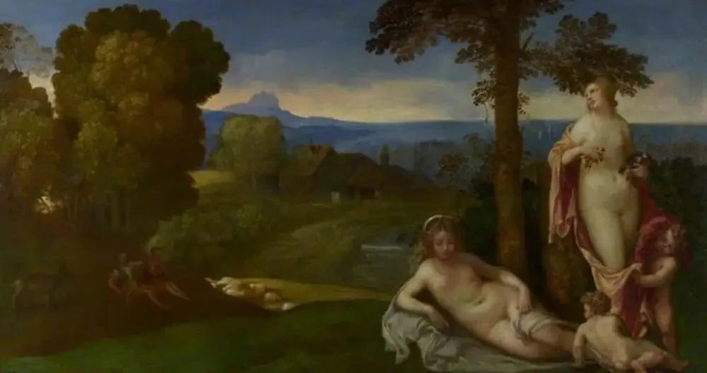 Nymphes et enfants dans un paysage avec des bergers - Giorgione image 1 copie peinte à la main à l’huile