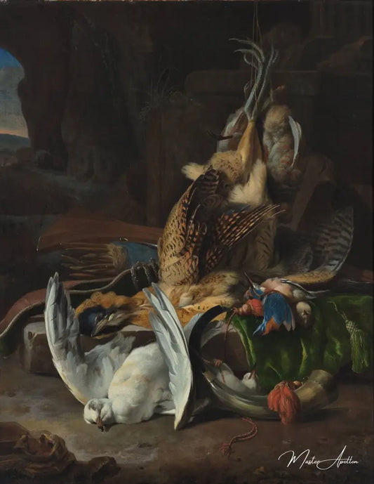 Oiseaux morts et accessoires de chasse - Melchior d'Hondecoeter - Reproductions de tableaux et peintures haut de gamme