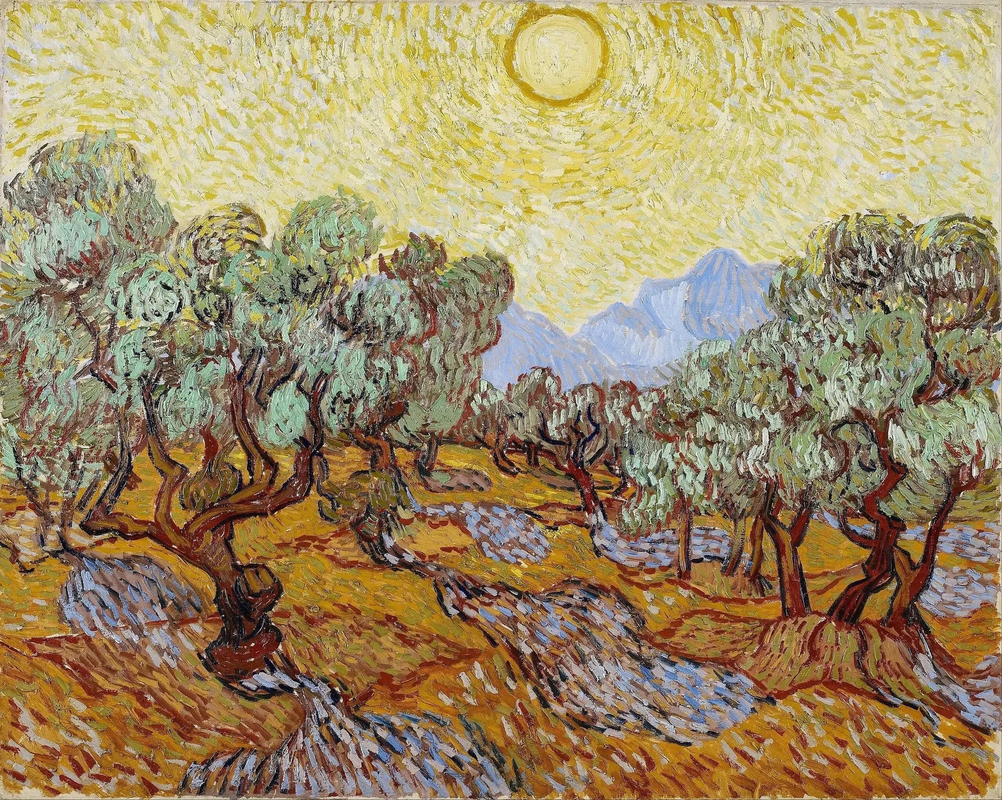 Oliviers avec ciel jaune et soleil F710 de Vincent van Gogh, Minneapolis Institute of Art