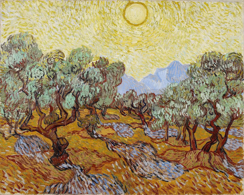 ต้นมะกอกกับท้องฟ้าสีเหลืองและดวงอาทิตย์ - Vincent van Gogh