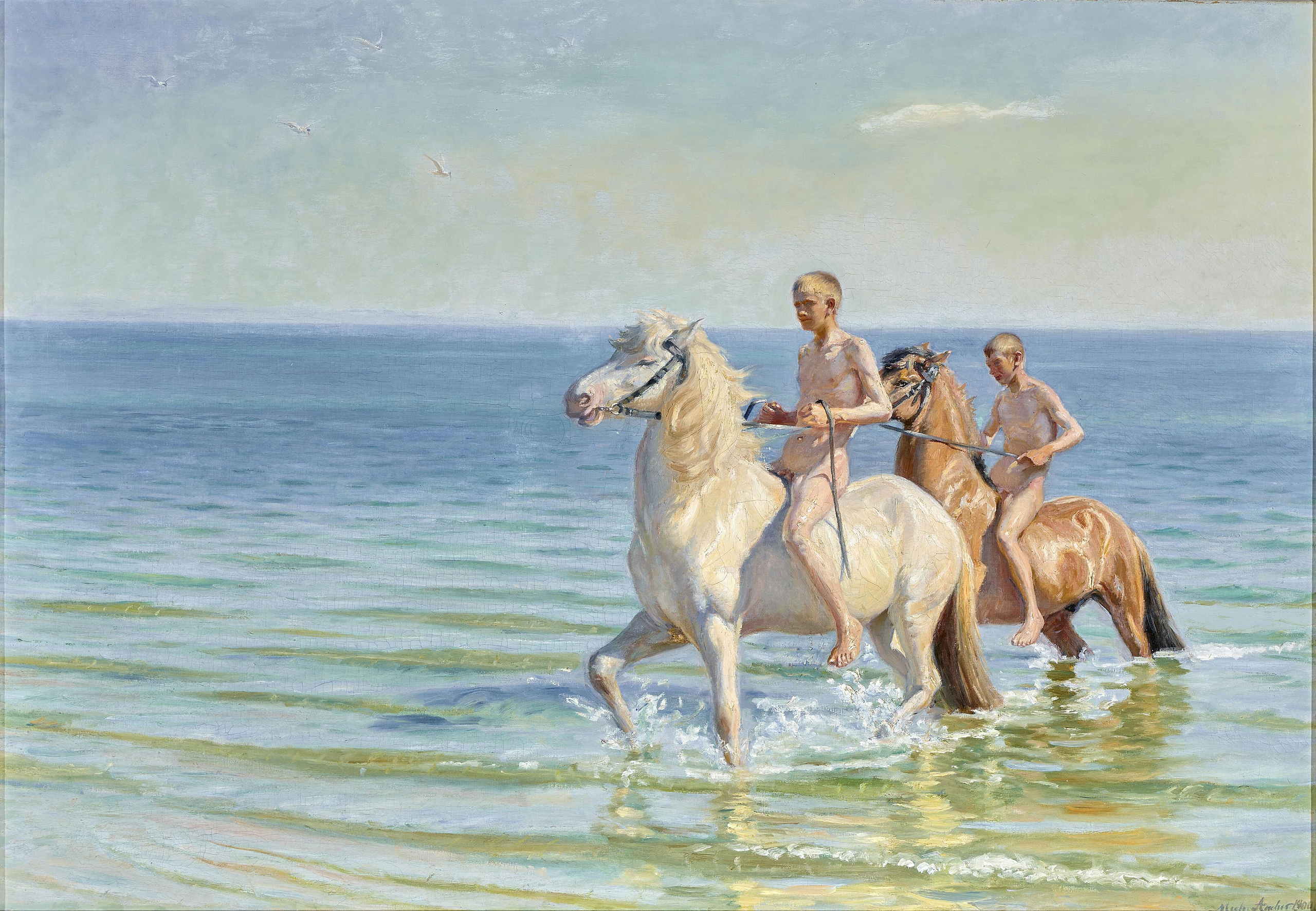 On monte les chevaux dans l'eau. - Michael Peter Ancher image 1 reproduction d’œuvre d’art à l’huile
