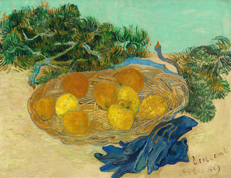 ภาพนิ่งของส้มและมะนาวพร้อมถุงมือสีน้ำเงิน - Vincent van Gogh
