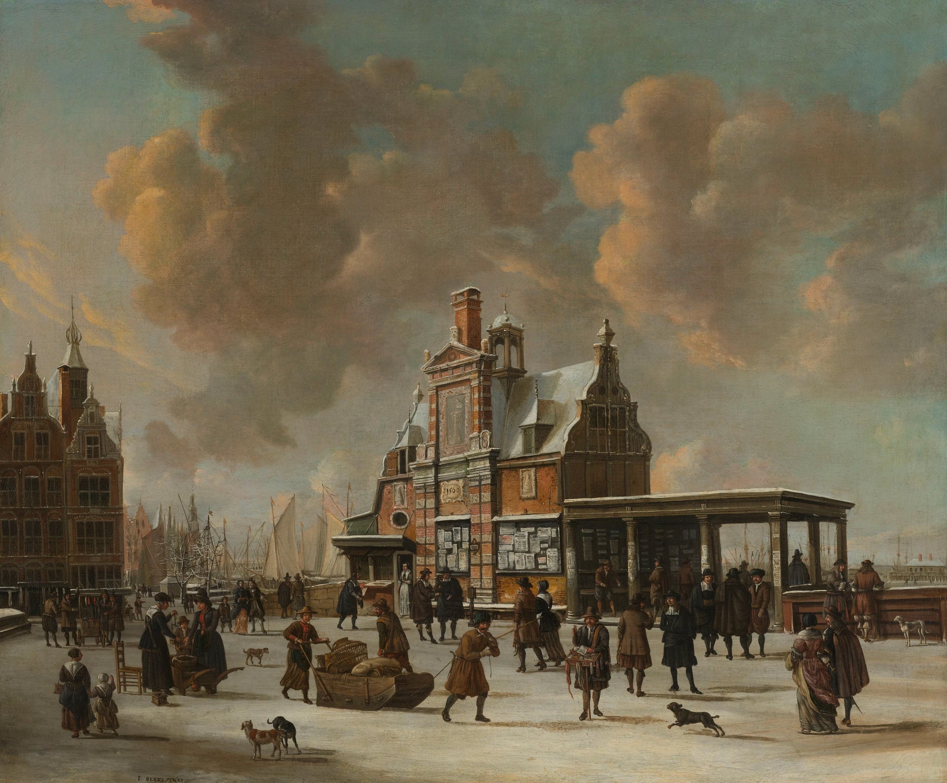 Le Paalhuis et le Nieuwe Bridge à Amsterdam en hiver. - Jan Abrahamsz Beerstraaten