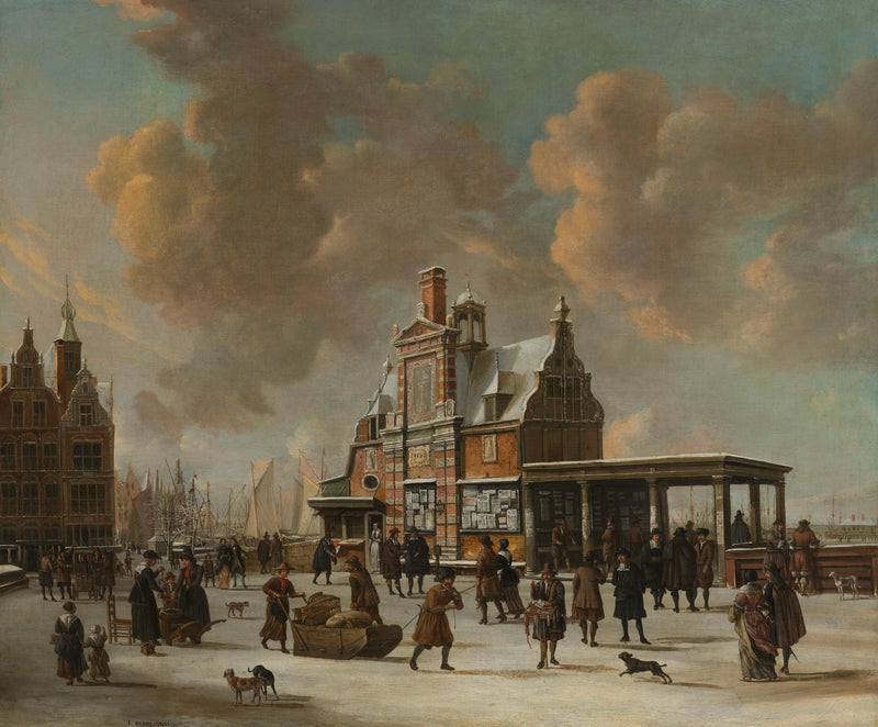 Le Paalhuis et le Nieuwe Bridge à Amsterdam en hiver. - Jan Abrahamsz Beerstraaten