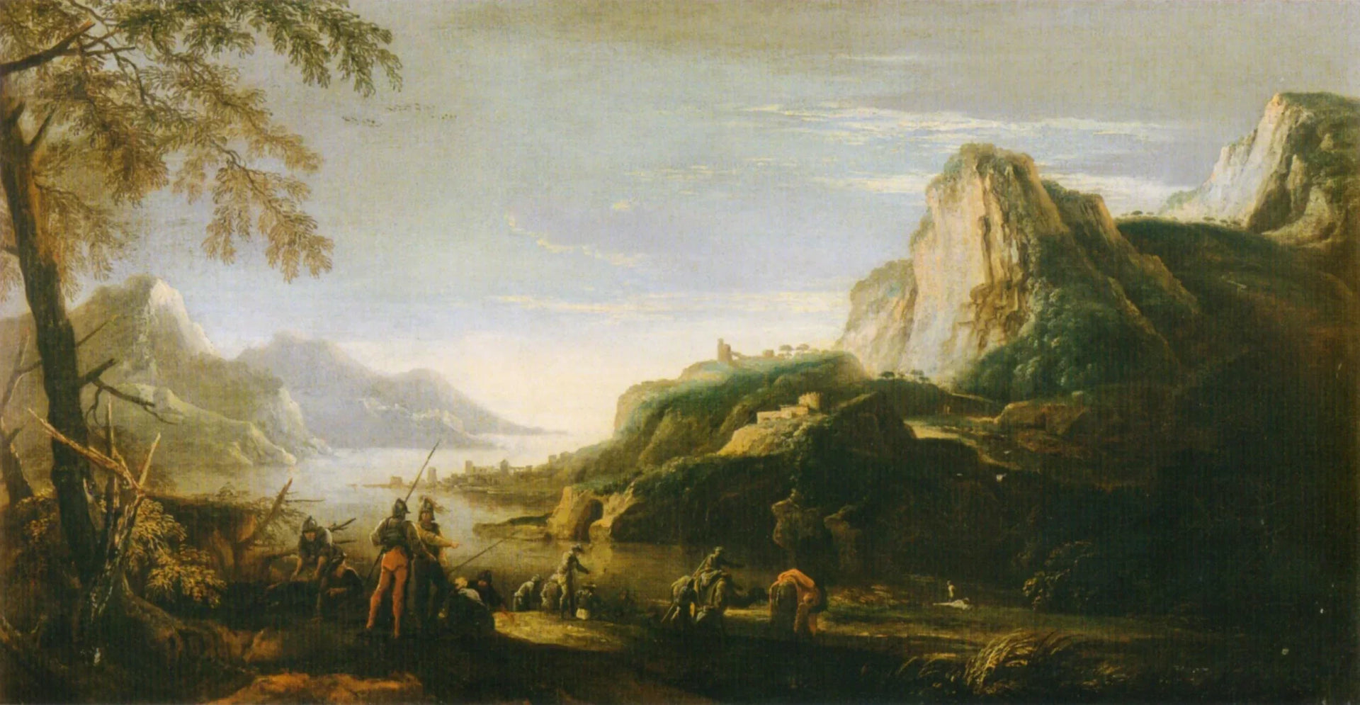 Paesaggio con soldati in riva a un fiume - Salvator Rosa image 1 reproduction artisanale de tableau