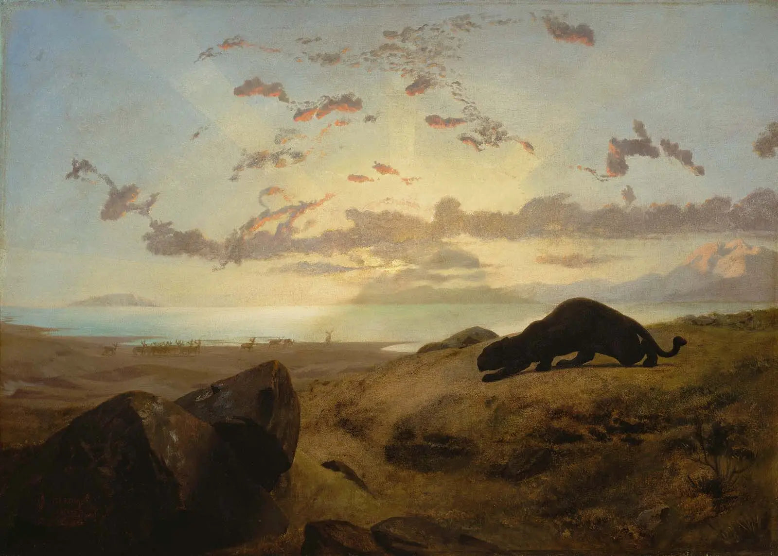 Panthère noire traquant un troupeau de cerfs - Jean-Léon Gérôme image 1 copie peinte à la main à l’huile