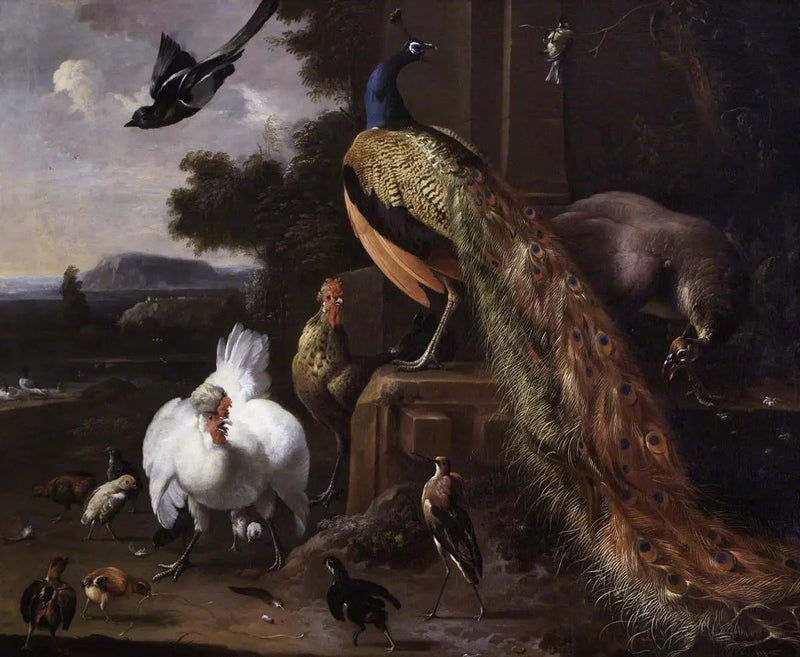นกยูงและนกในเล้าไก่พร้อมนกพิราบในทิวทัศน์ - Melchior de Hondecoeter