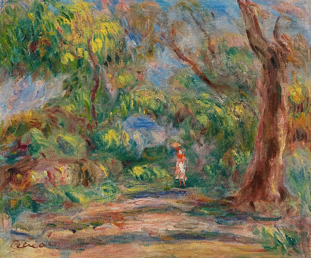 Paysage, allée de ferme avec femme en rouge et blanc - Pierre-Auguste Renoir image 1 copie peinte à la main à l’huile
