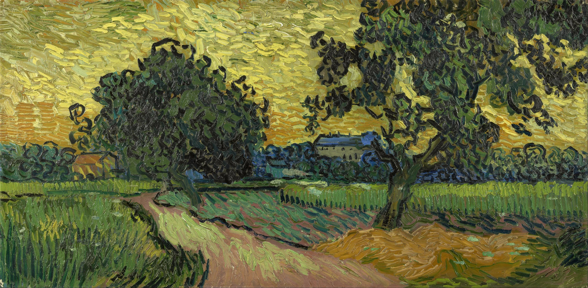 Paysage au crépuscule, peinture panoramique de Vincent van Gogh, 1890