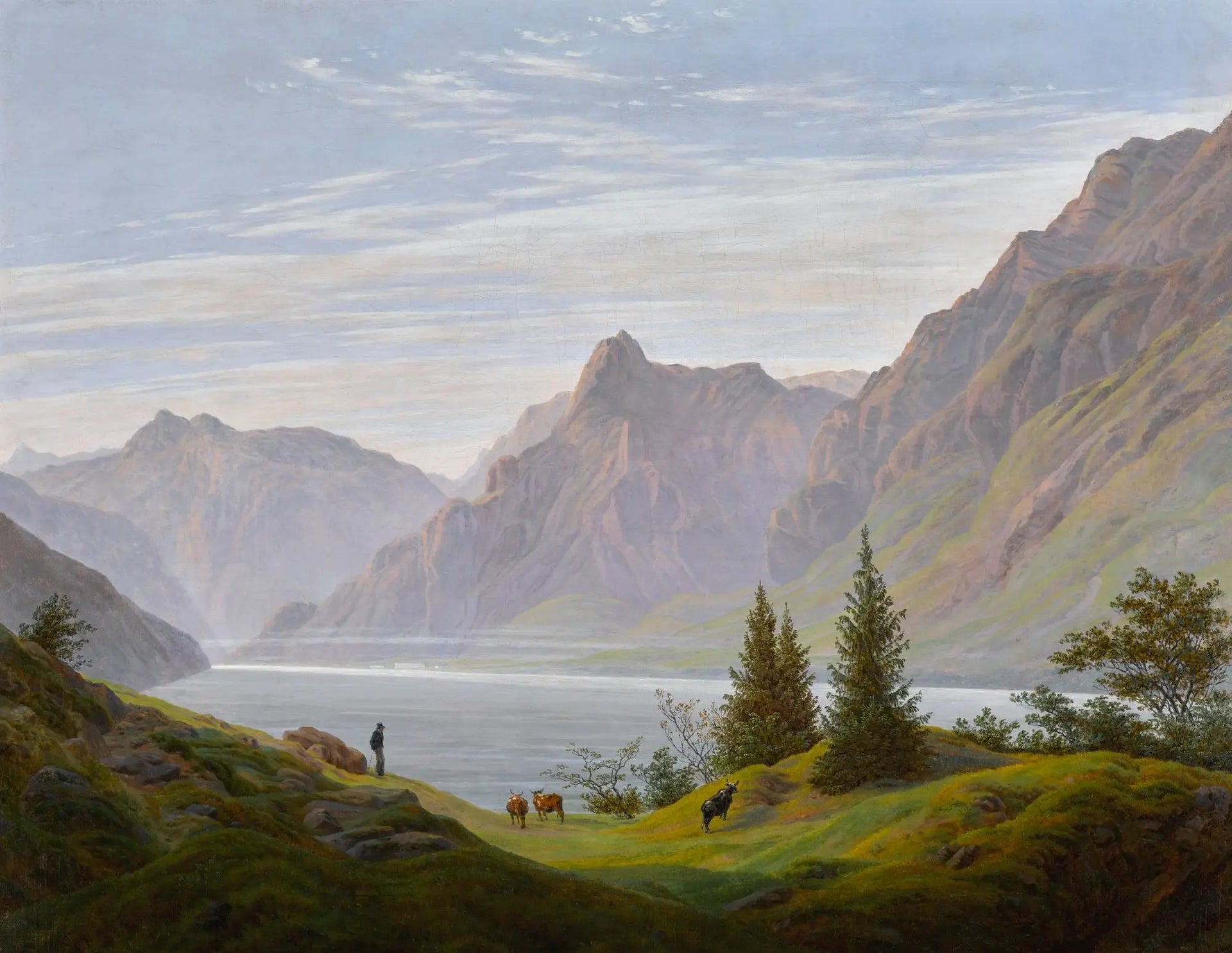 Paysage au lac de montagne, matin - Caspar David Friedrich image 1 reproduction de peinture à l’huile