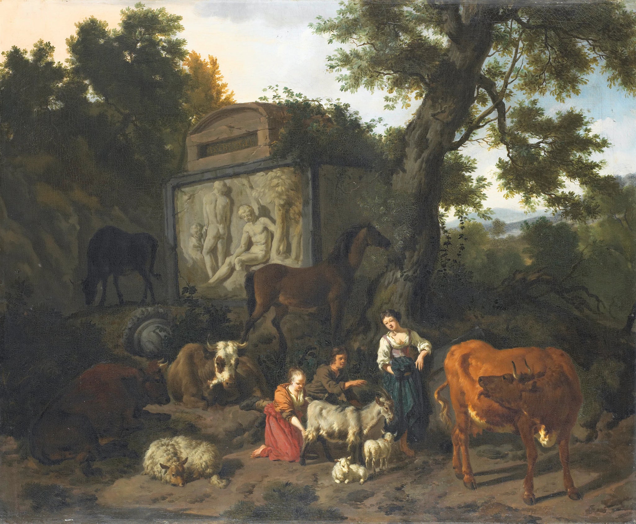 Paysage avec bergers et bétail près d’un tombeau. - Dirck van den Bergen