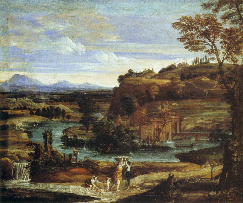 ทัศนียภาพพร้อมเครื่องซักผ้าและเด็กกำลังเทไวน์ - Domenichino