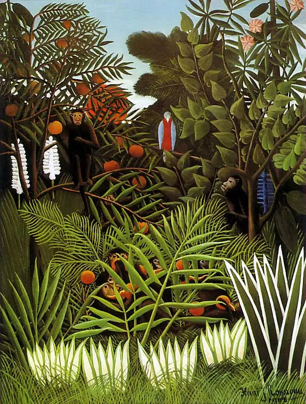 Paysage avec des singes exotiques et un perroquet - Henri Rousseau image 1 reproduction de peinture à l’huile